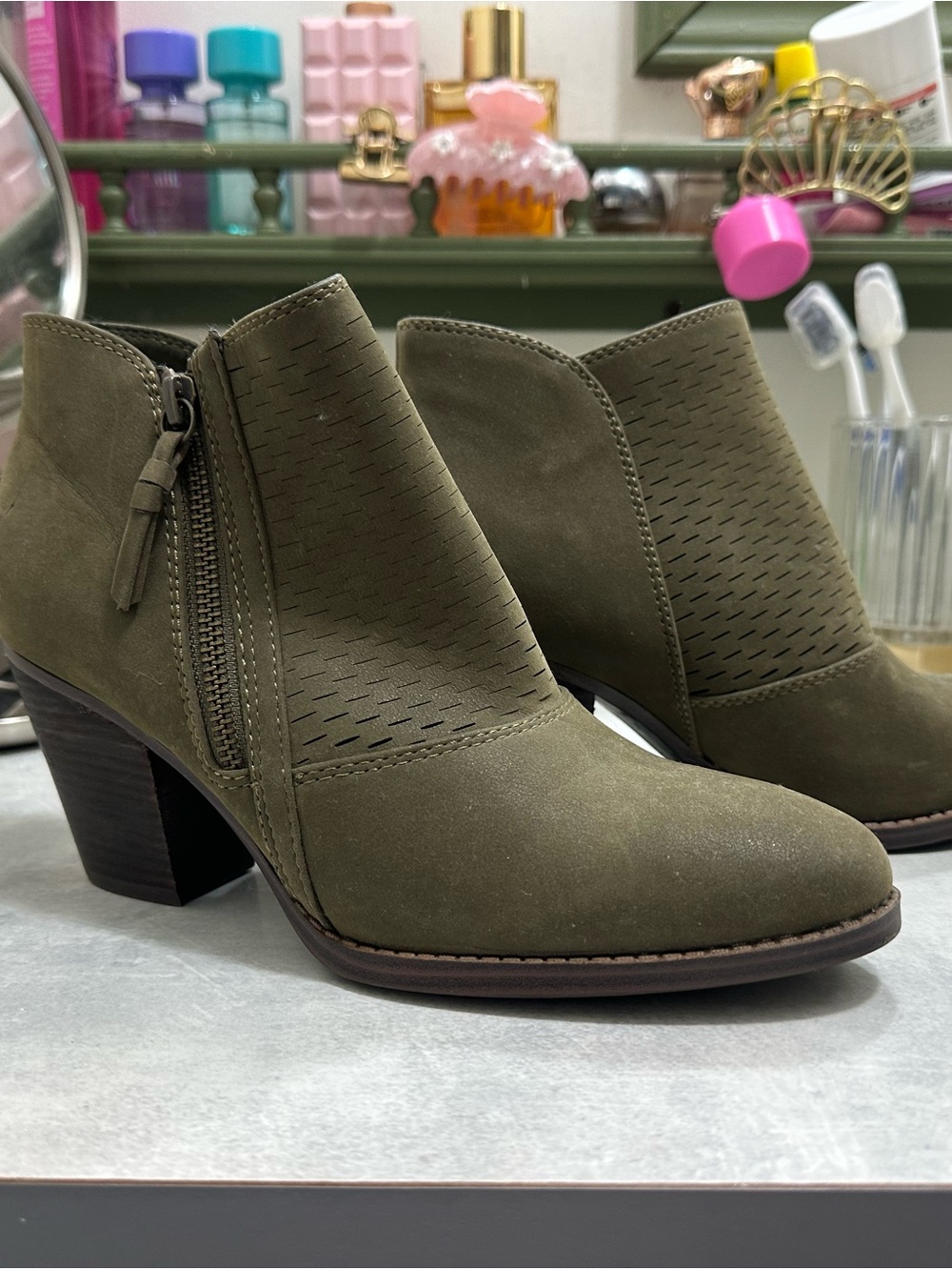 BareTraps Olive Green Suede Ankle Booties with Side Zip